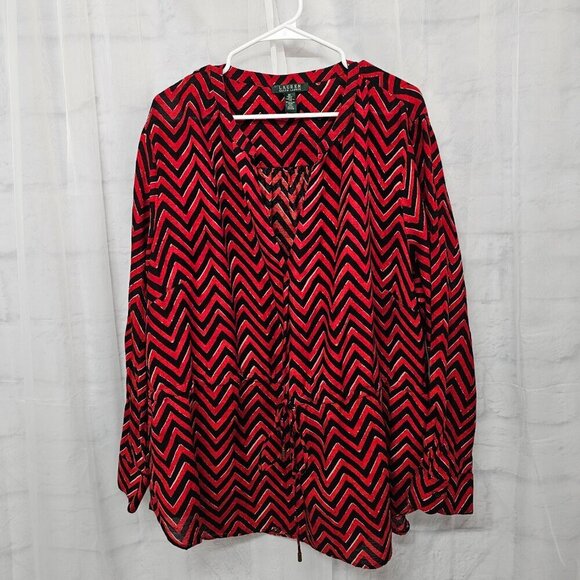 Lauren Ralph Lauren Red Black Chevron Gauzy Tribal Peasant Blouse 3X - Picture 10 of 13